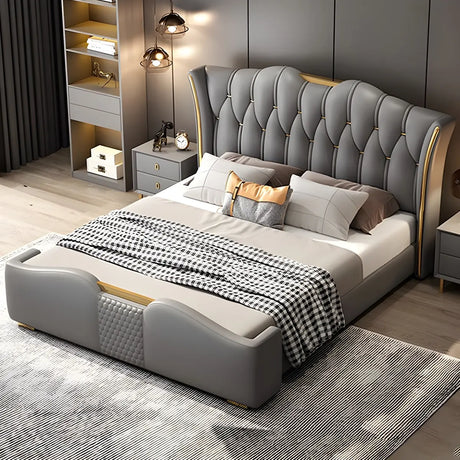 Genuine Leather Grey Queen Wingback Bed with Storage Image - 2