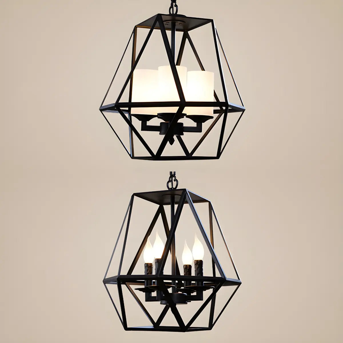 Geometric Black Iron White Glass Chain Foyer Chandelier Image - 10