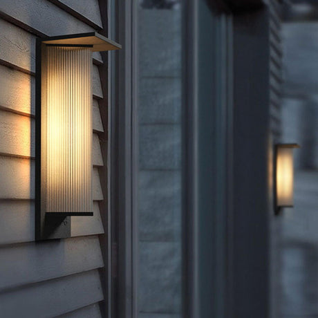 Geometric Black Ribbed Glass Outdoor Wall Sconce Image - 2