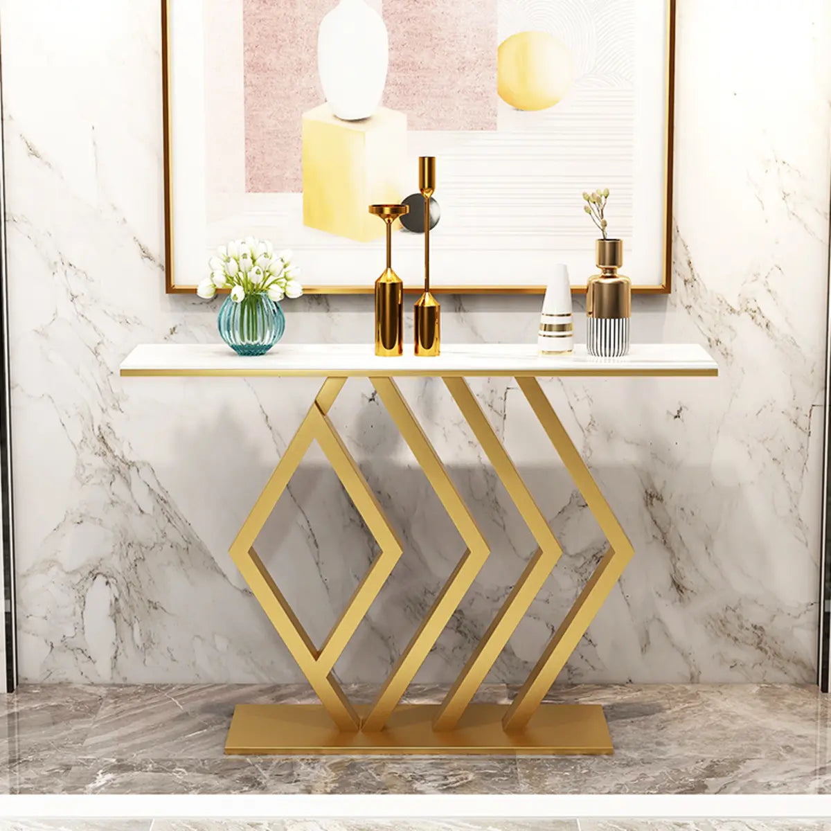 Geometric Faux Marble Gold Metal Base Console Table Image - 1