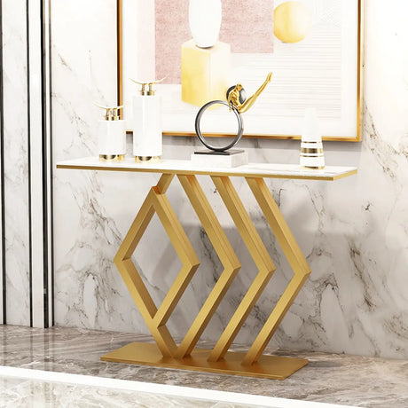 Geometric Faux Marble Gold Metal Base Console Table Image - 2