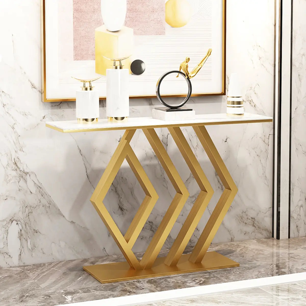 Geometric Faux Marble Gold Metal Base Console Table Image - 3