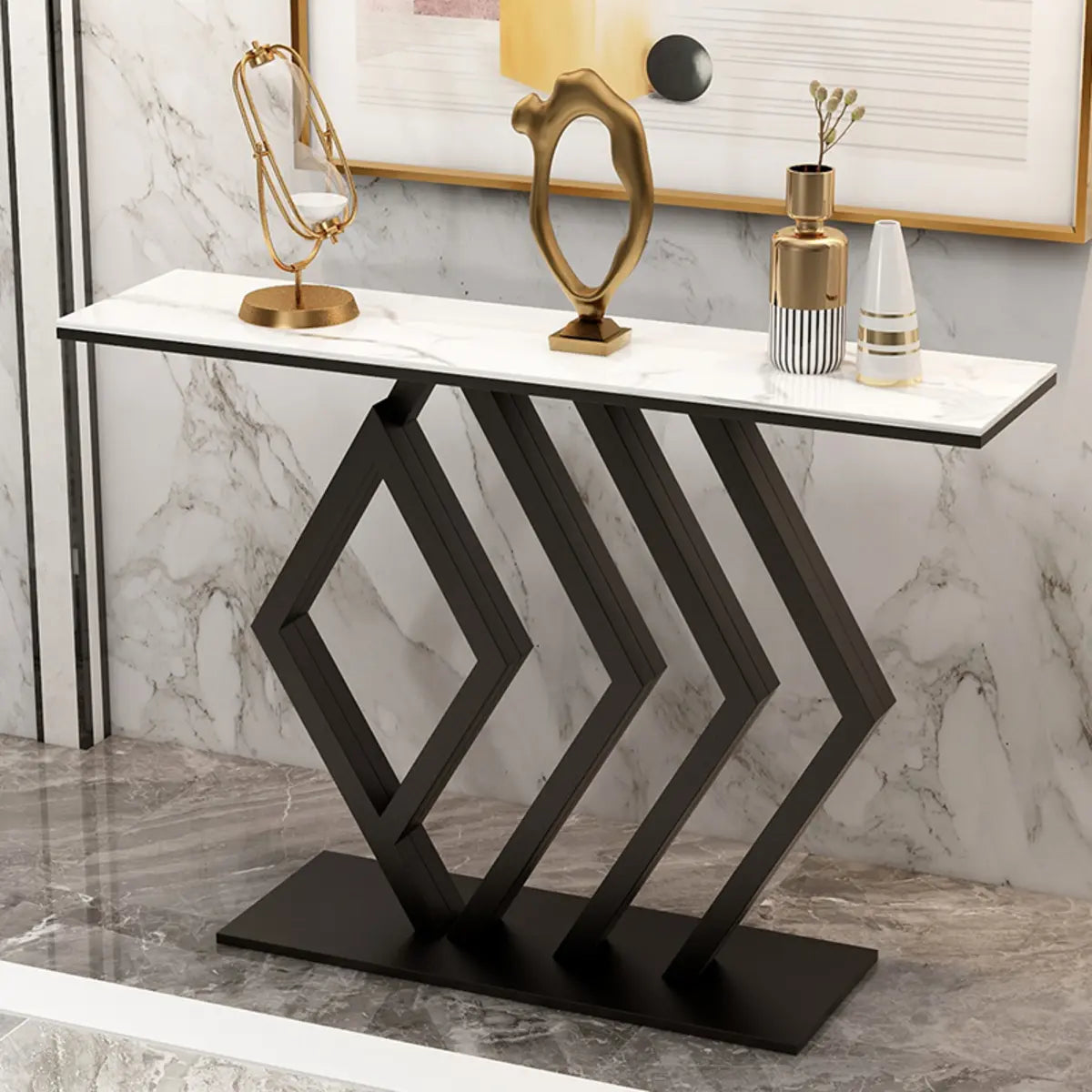 Geometric Faux Marble Gold Metal Base Console Table Image - 4