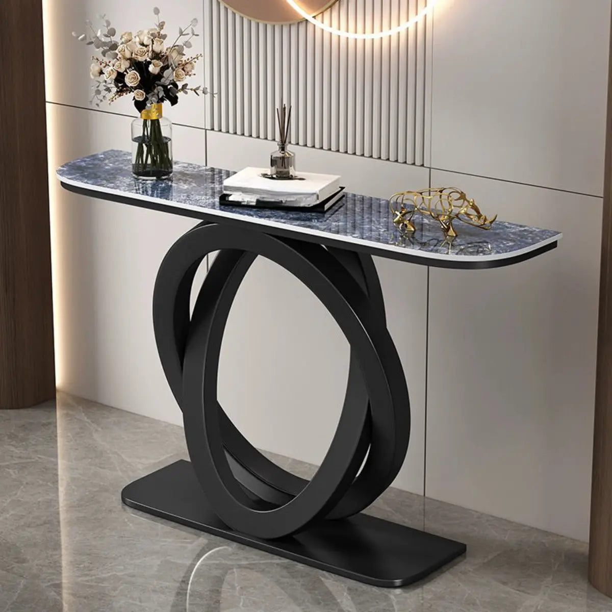 Geometric Half-Circle Marble Black Hall Console Table Image - 1