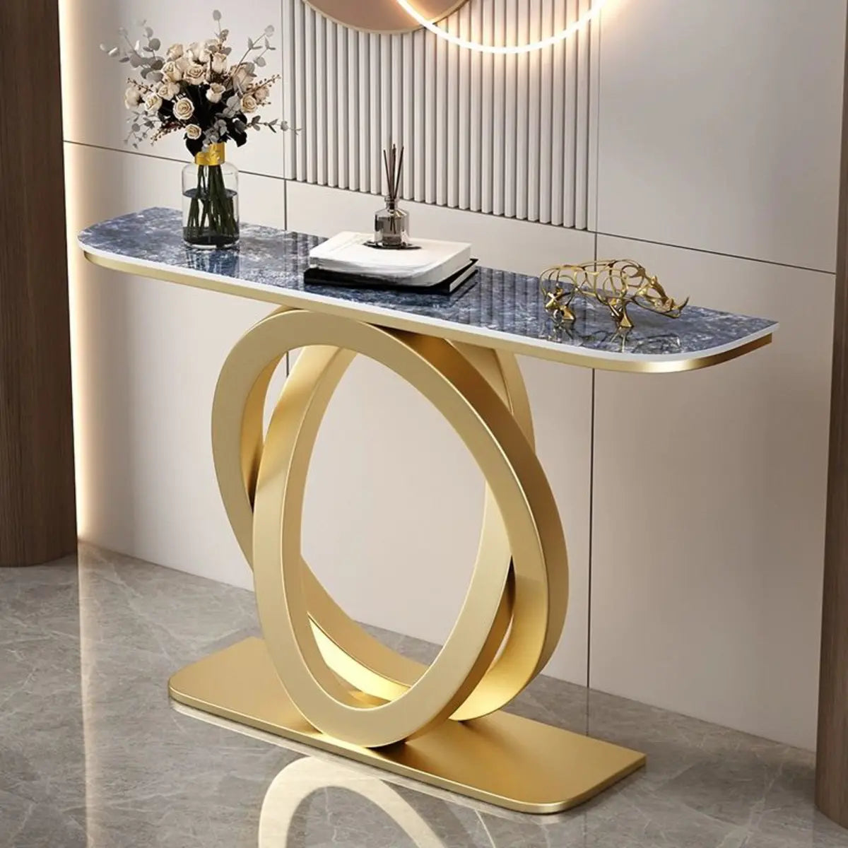 Geometric Half-Circle Marble Black Hall Console Table Image - 13