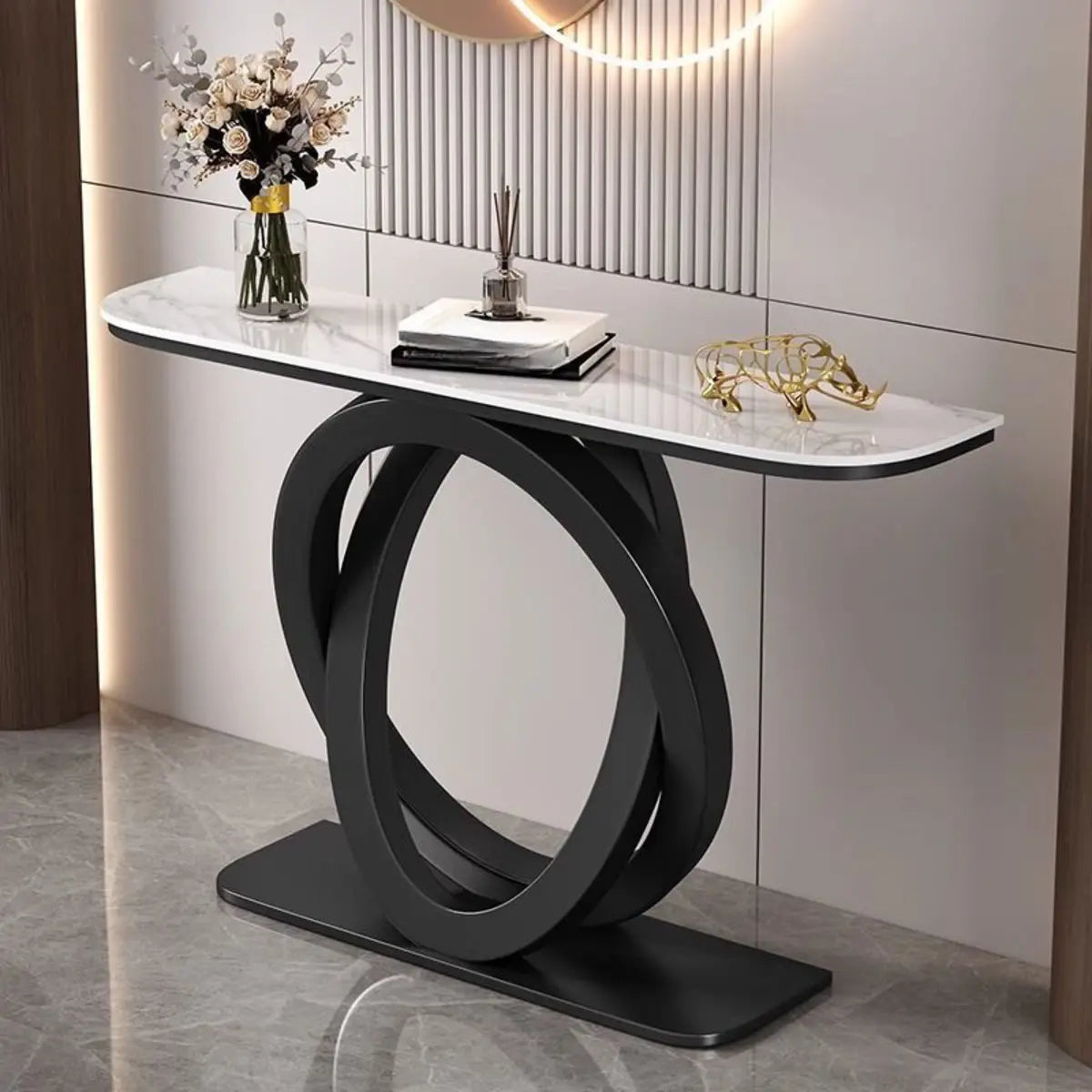 Geometric Half-Circle Marble Black Hall Console Table Image - 2