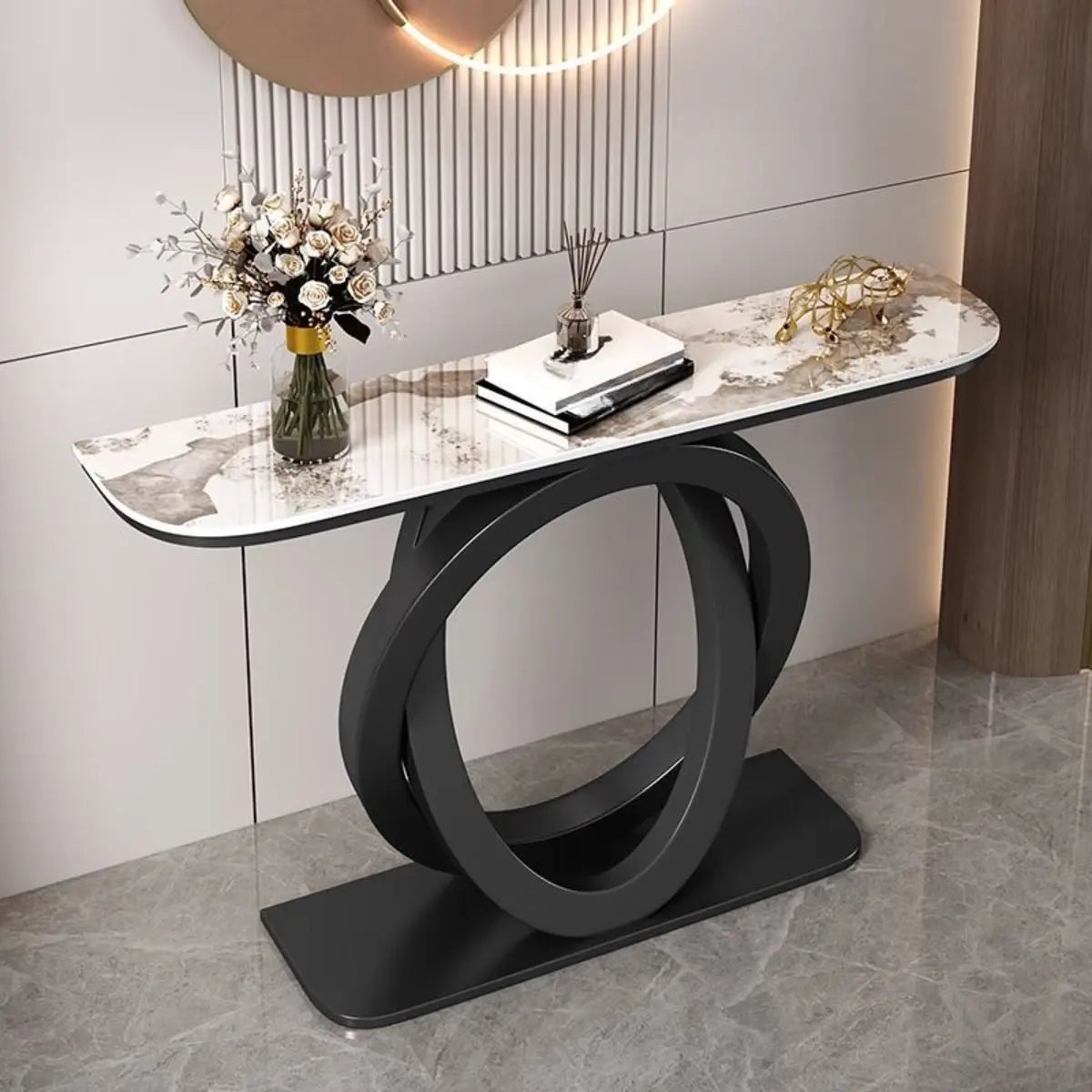 Geometric Half-Circle Marble Black Hall Console Table Image - 3