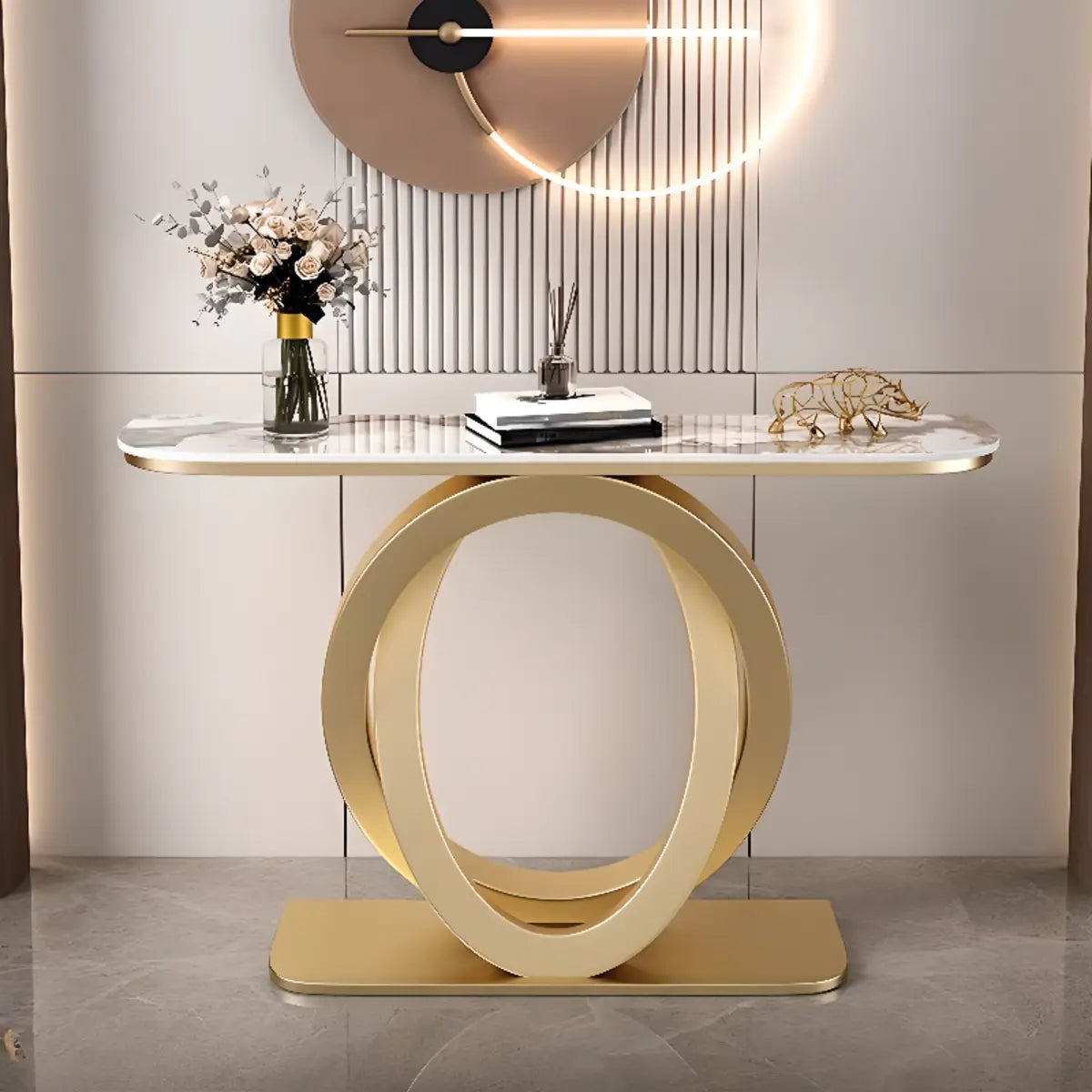 Geometric Half-Circle Marble Black Hall Console Table Image - 4