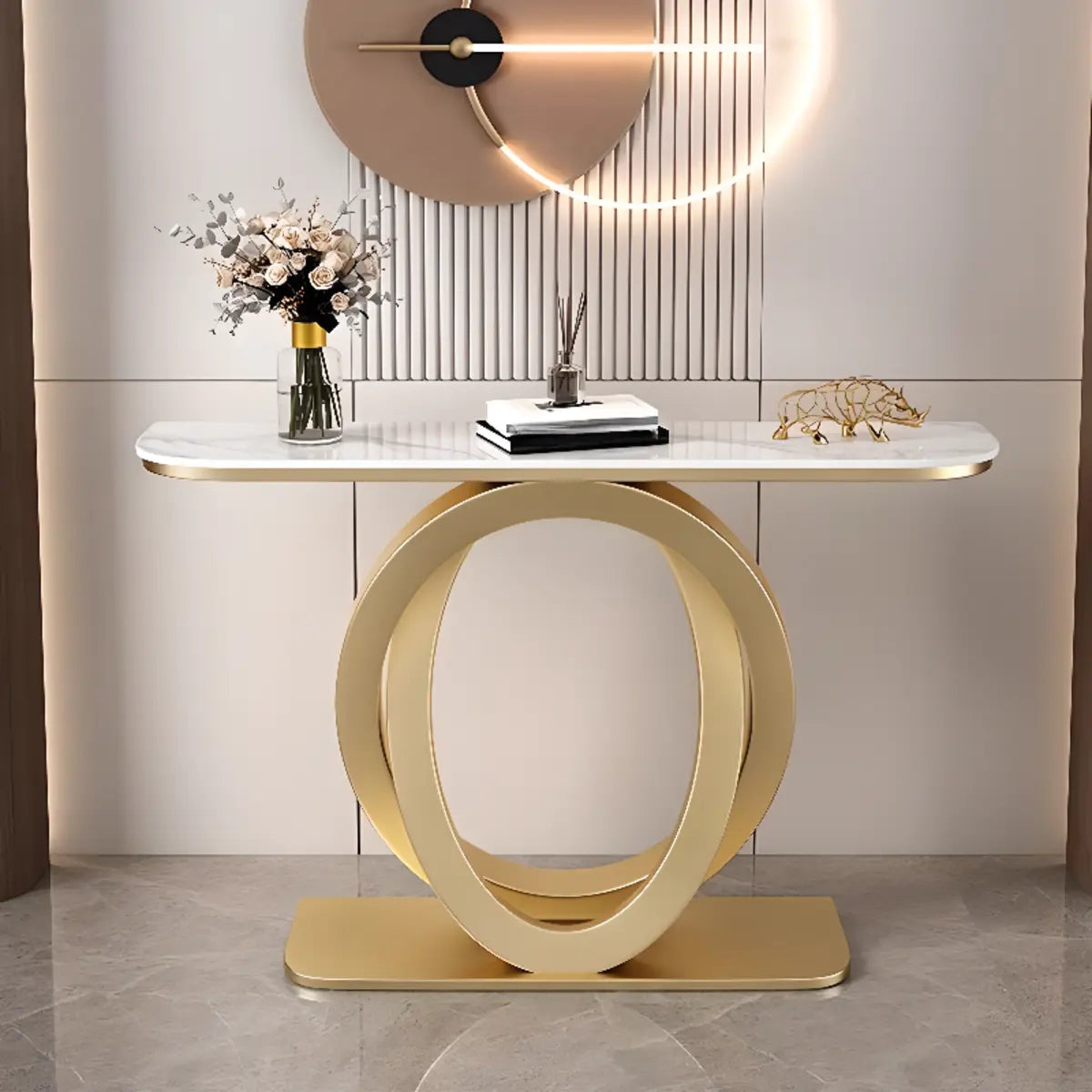 Geometric Half-Circle Marble Black Hall Console Table Image - 8