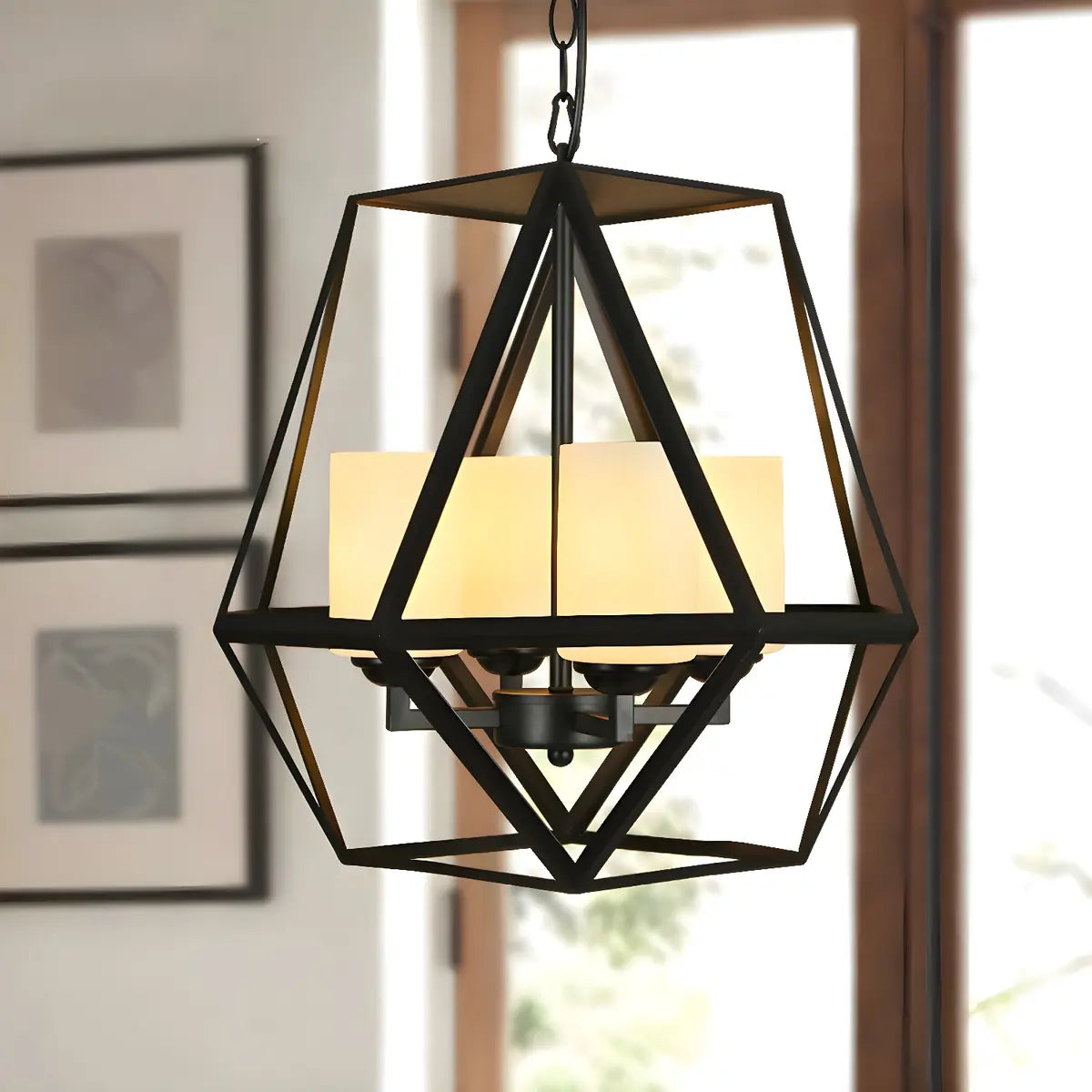 Geometric Metal Cage Candle Black Foyer Chandelier Image - 1