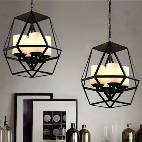 Geometric Metal Cage Candle Black Foyer Chandelier Image - 2