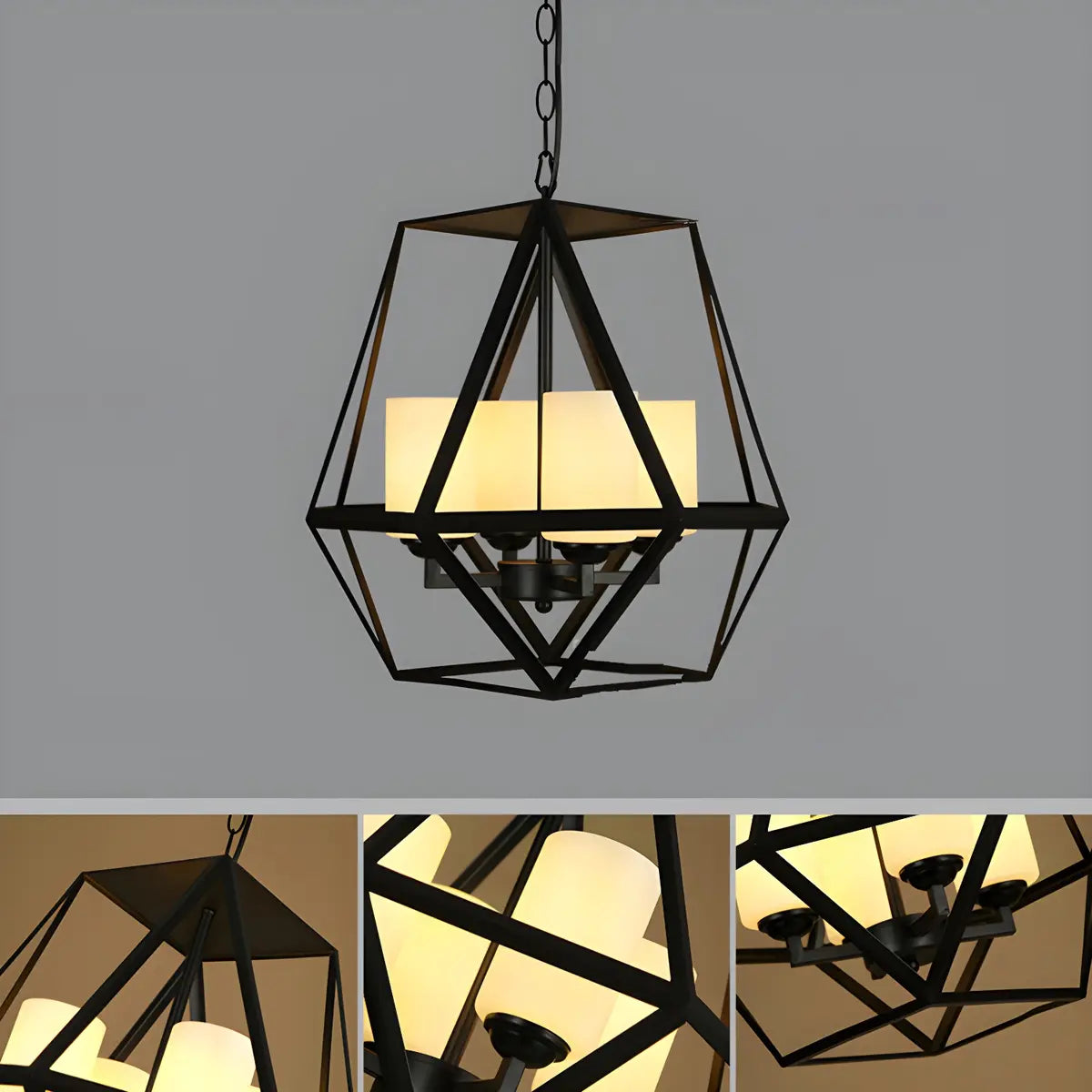 Geometric Metal Cage Candle Black Foyer Chandelier Image - 3