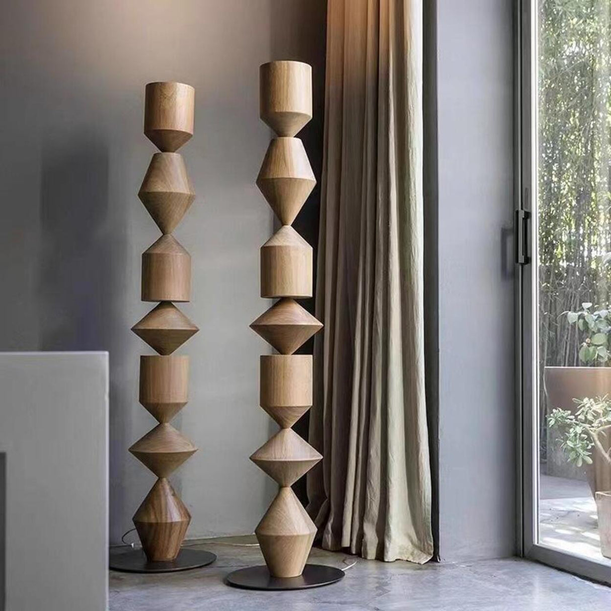 Geometric Stacked Wood-Color Costantina Floor Lamp Image - 1