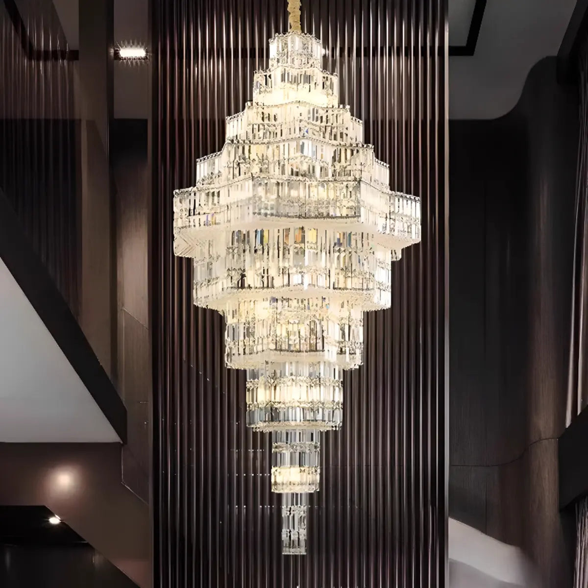 Geometric Tiered Prismatic Crystal Chrome Foyer Chandelier Image - 2