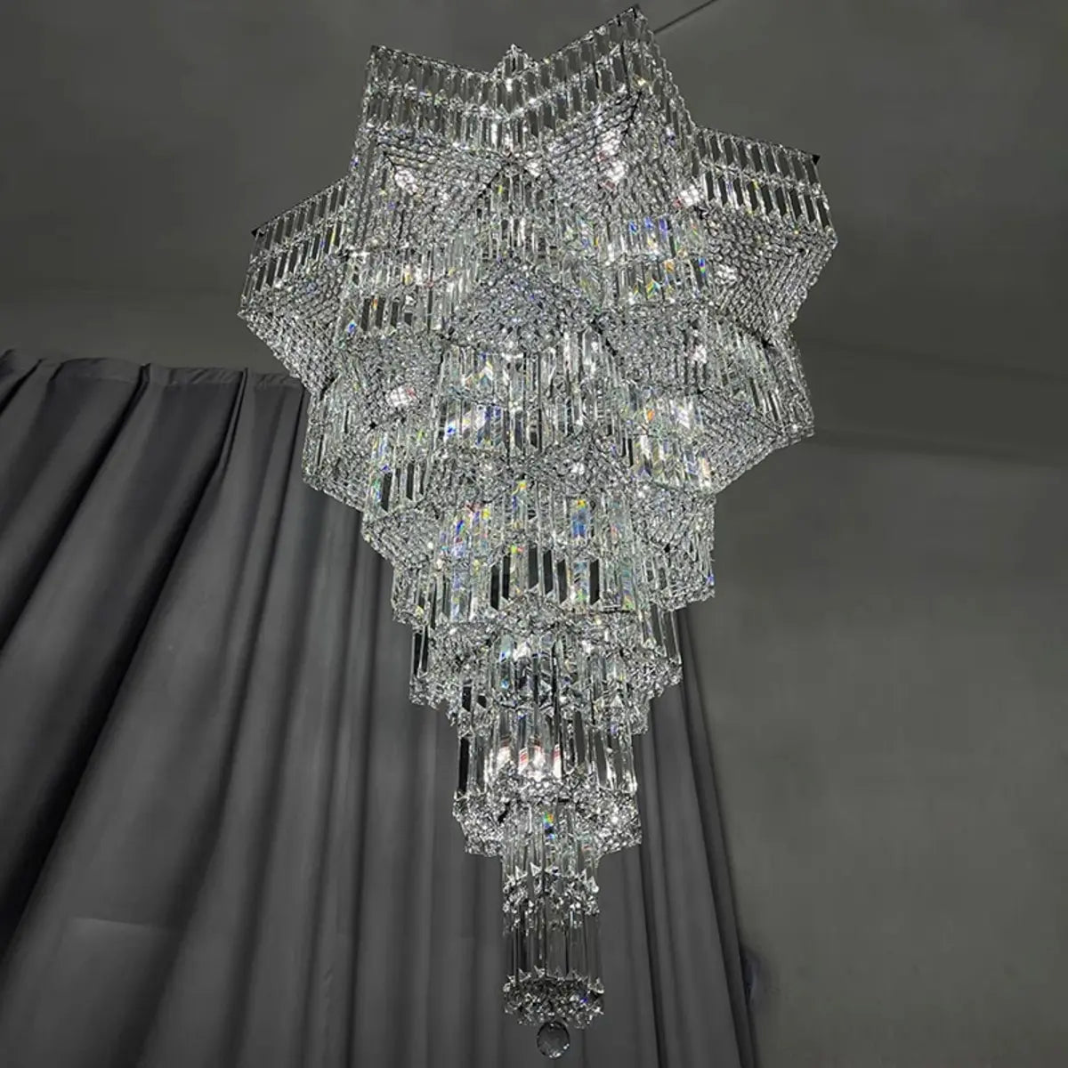 Geometric Tiered Prismatic Crystal Chrome Foyer Chandelier Image - 3