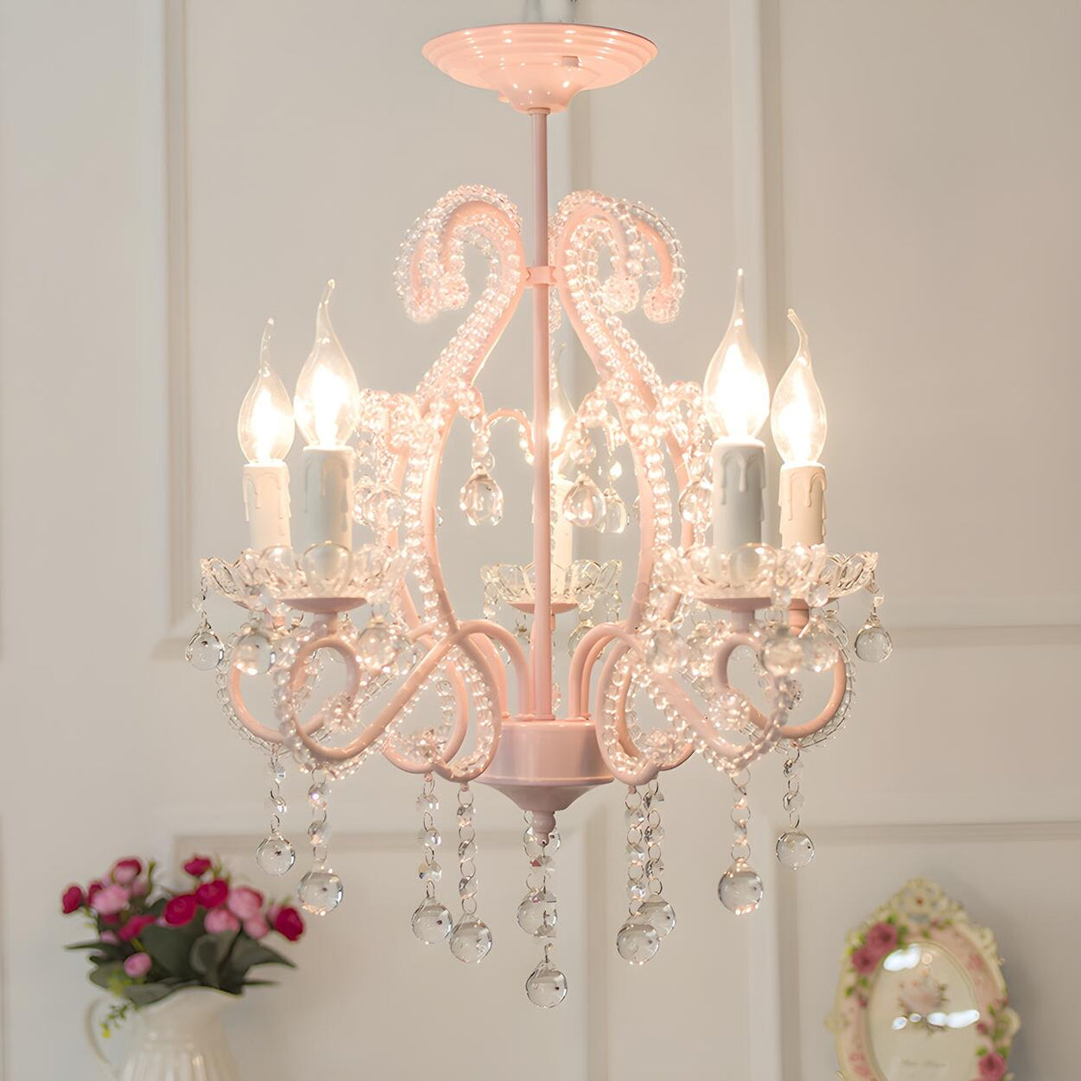 Girly Pink Crystal Nordic Clear Crystal Candle Chandelier Image - 2