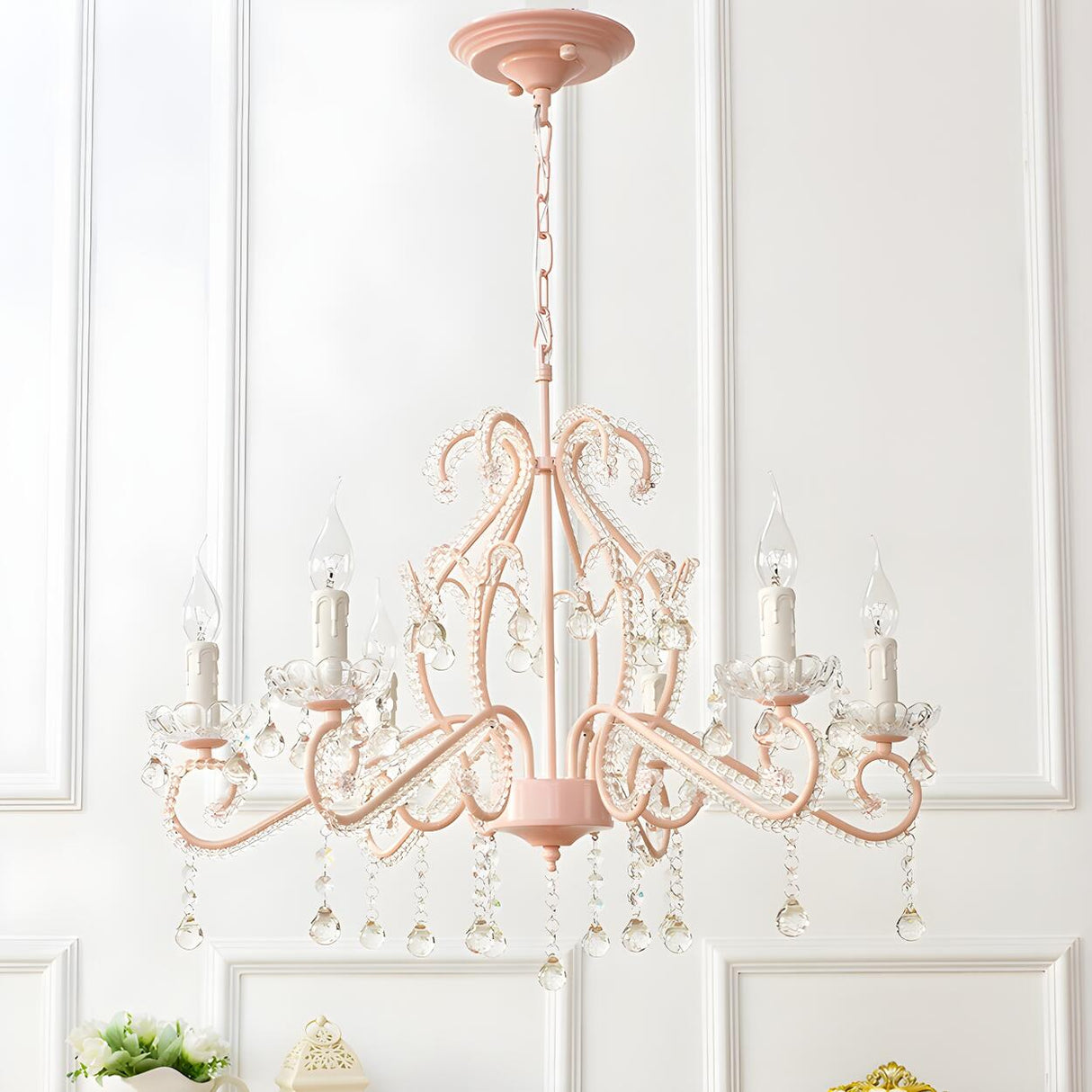 Girly Pink Crystal Nordic Clear Crystal Candle Chandelier Image - 4