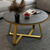 Glam Black Stone Round Metal Cross Legs Coffee Table Image - 1