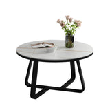 Glam Black Stone Round Metal Cross Legs Coffee Table Image - 10