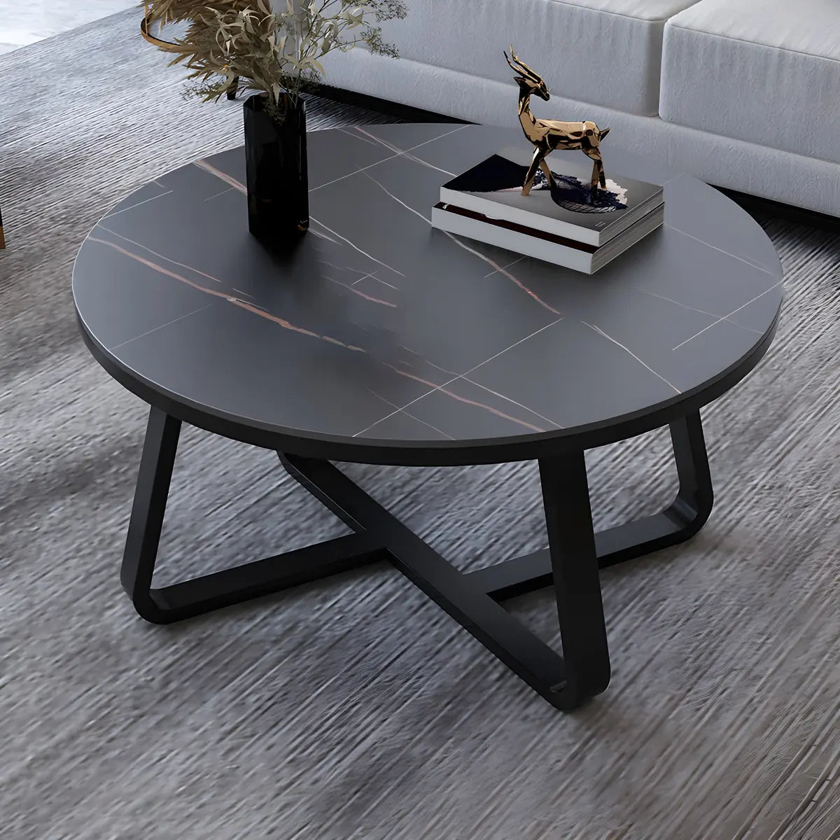 Glam Black Stone Round Metal Cross Legs Coffee Table Image - 11