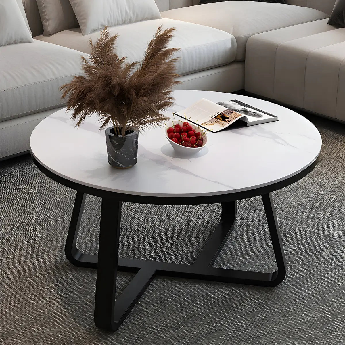 Glam Black Stone Round Metal Cross Legs Coffee Table Image - 6