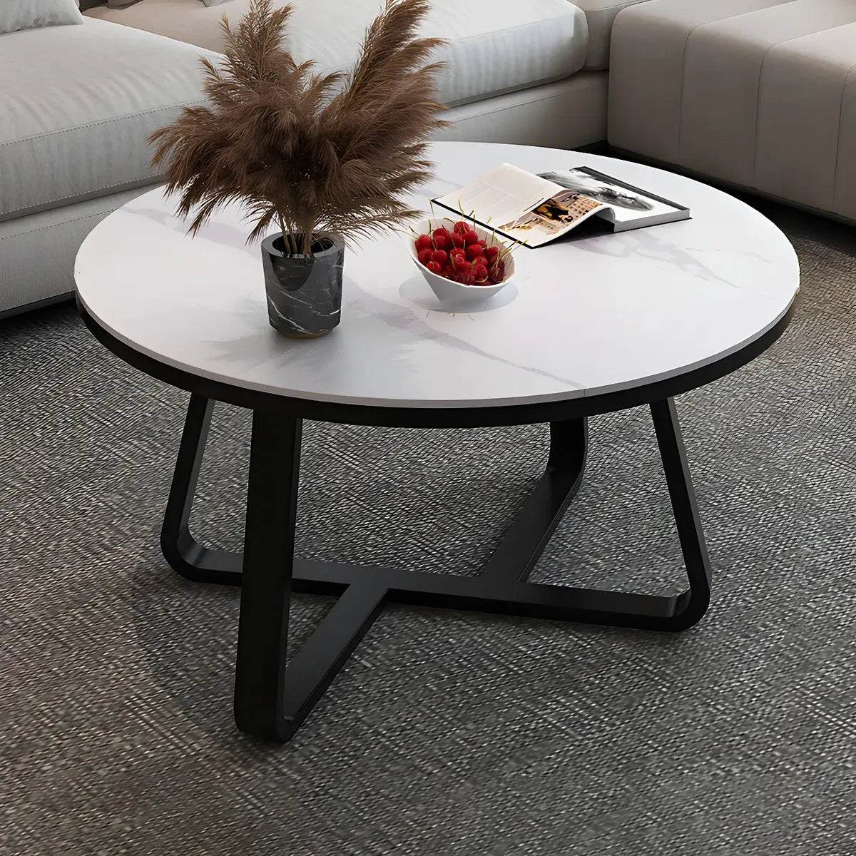 Glam Black Stone Round Metal Cross Legs Coffee Table Image - 7