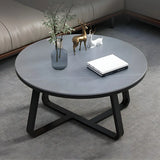 Glam Black Stone Round Metal Cross Legs Coffee Table Image - 8