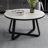 Glam Black Stone Round Metal Cross Legs Coffee Table Image - 9