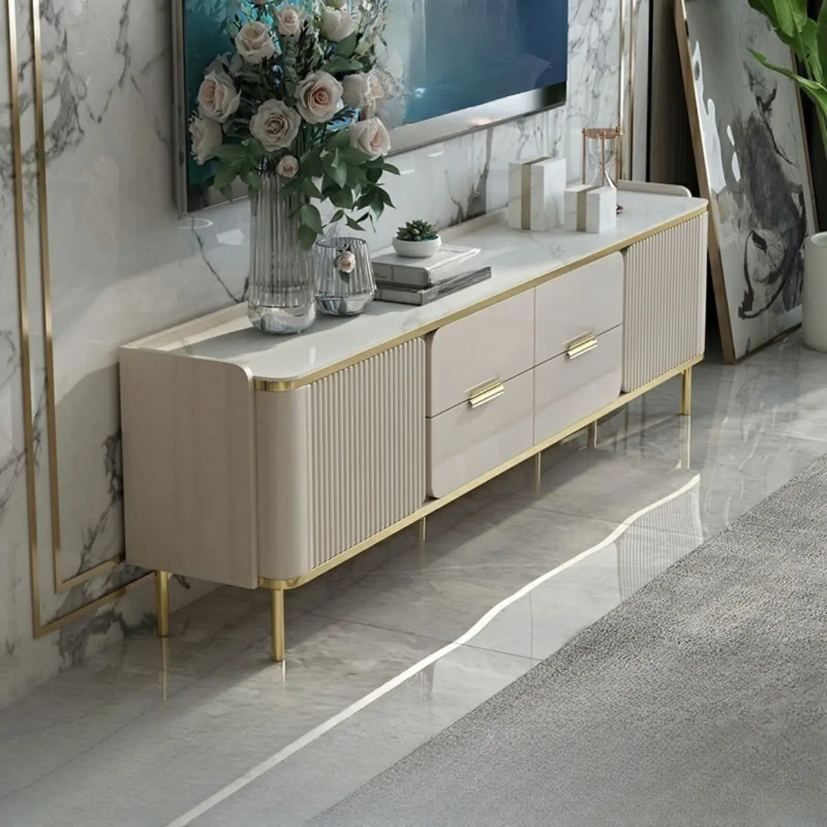 Glam Gold Rectangular Stone Drawers TV Stand with Legs Image - 11