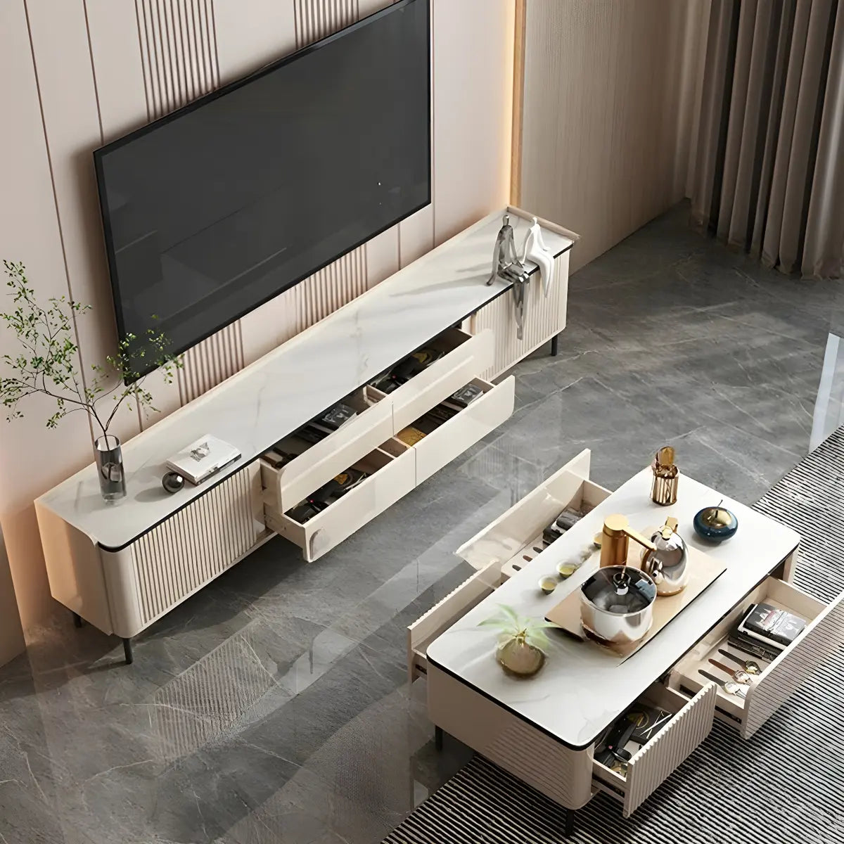 Glam Gold Rectangular Stone Drawers TV Stand with Legs Image - 6