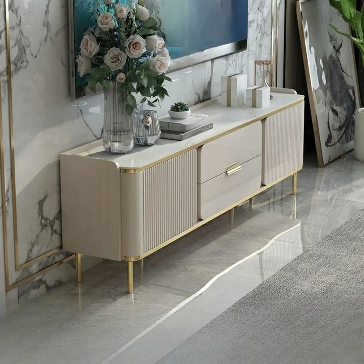 Glam Gold Rectangular Stone Drawers TV Stand with Legs Image - 9