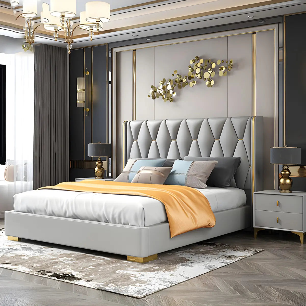 Glam Grey Tufted Upholstered Wingback Headboard Image - 1