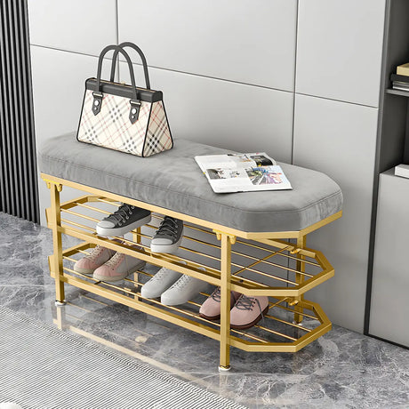 Glam Grey Upholstered Metal Shoe Storage Entryway Bench Image - 2