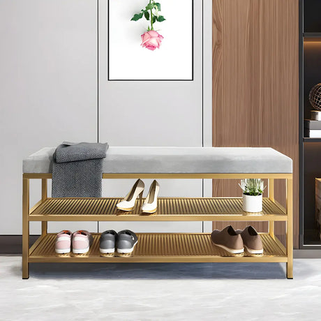 Glam Grey Velvet Metal Legs Shoe Storage Entryway Bench Image - 1