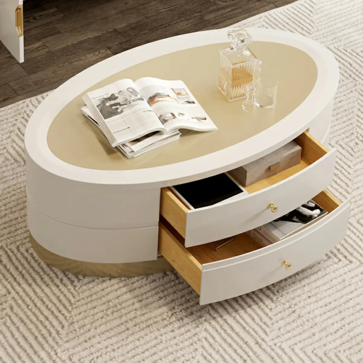 Glam Oval Drum Gold Glass Drawers Single Coffee Table Image - 3