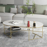 Glam Oval Stone Shelves Gold Metal Frame Coffee Table Image - 4