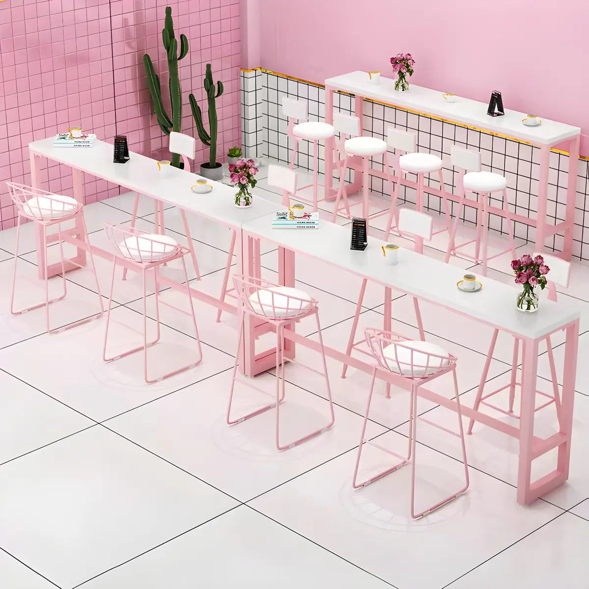 Glam Pink Rectangle Marble Long Cocktail Bar Table Image - 9