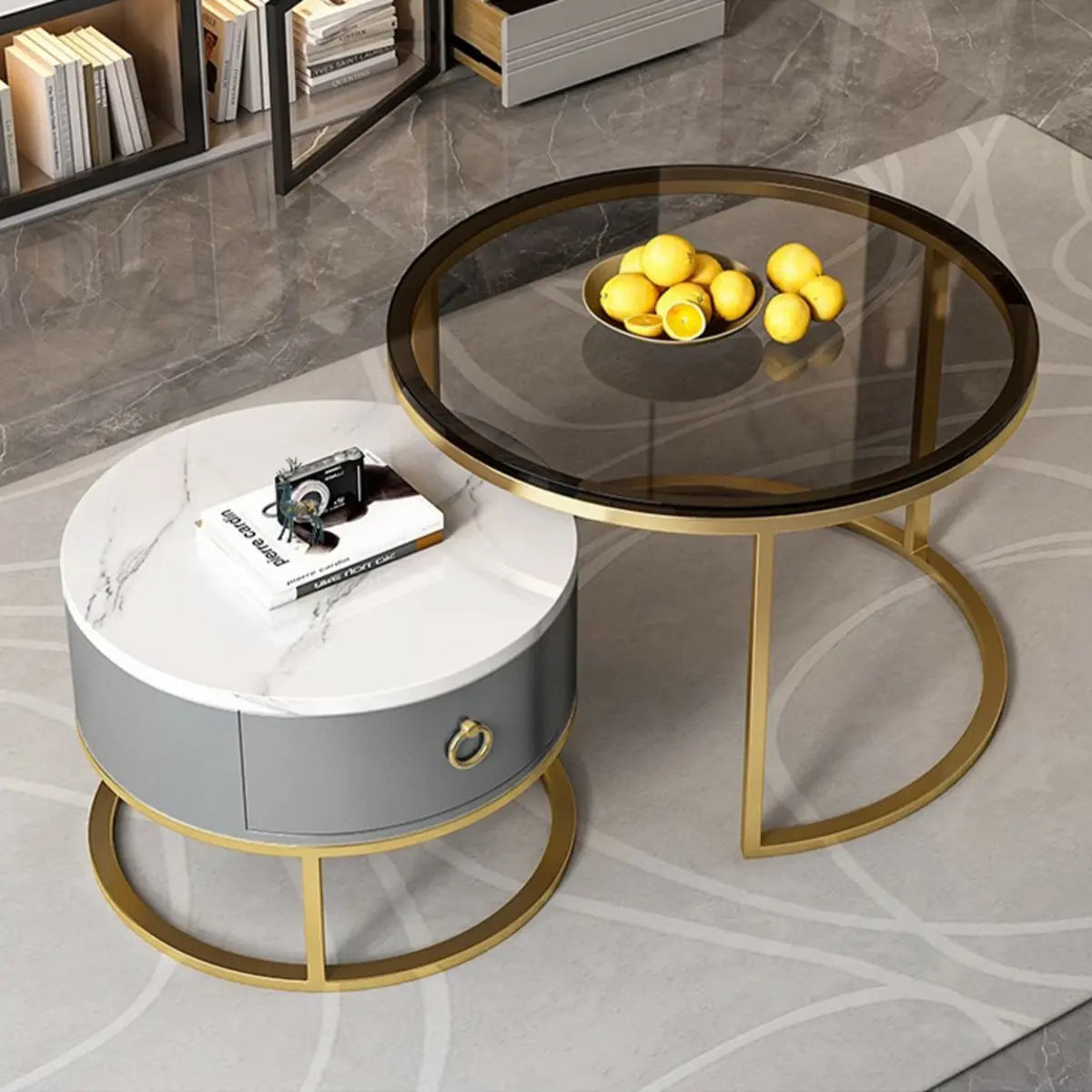 Glam Round Stone Drawers Frame Nesting Coffee Table Image - 11