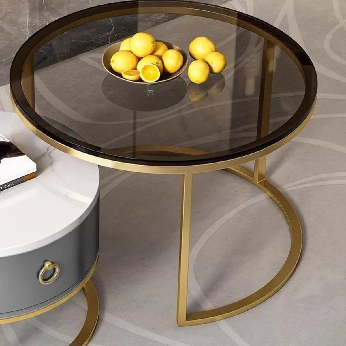 Glam Round Stone Drawers Frame Nesting Coffee Table Image - 12