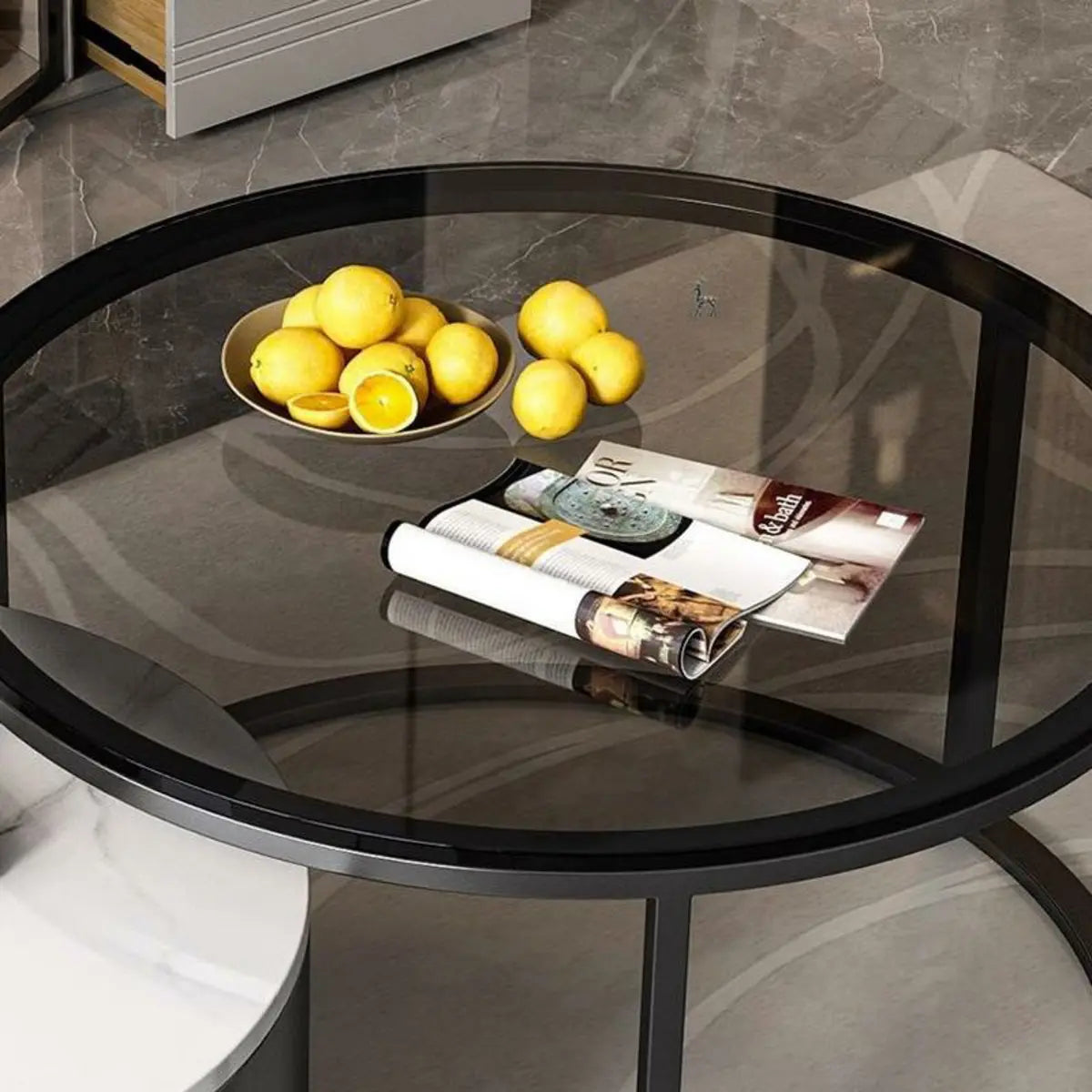 Glam Round Stone Drawers Frame Nesting Coffee Table Image - 14