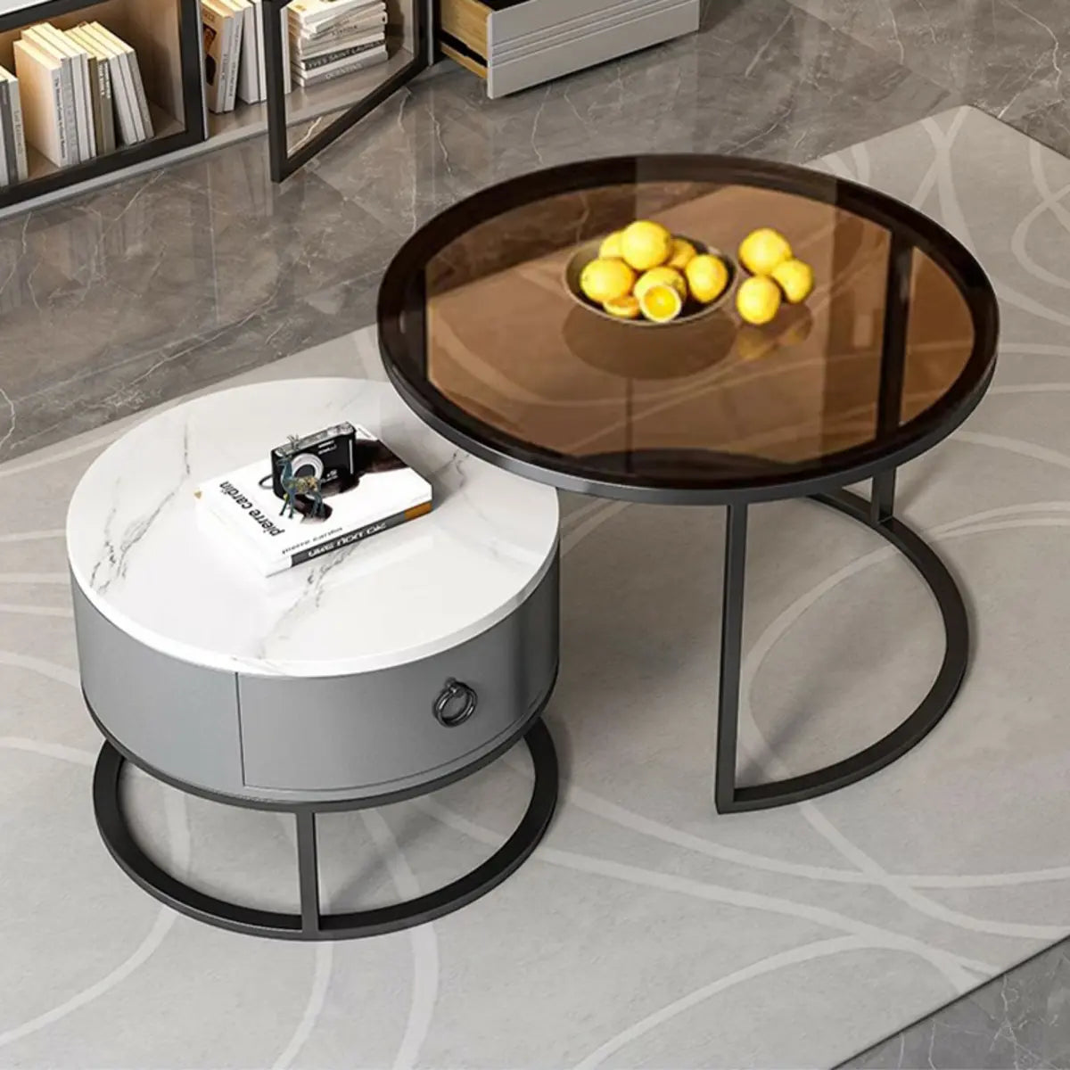 Glam Round Stone Drawers Frame Nesting Coffee Table Image - 15