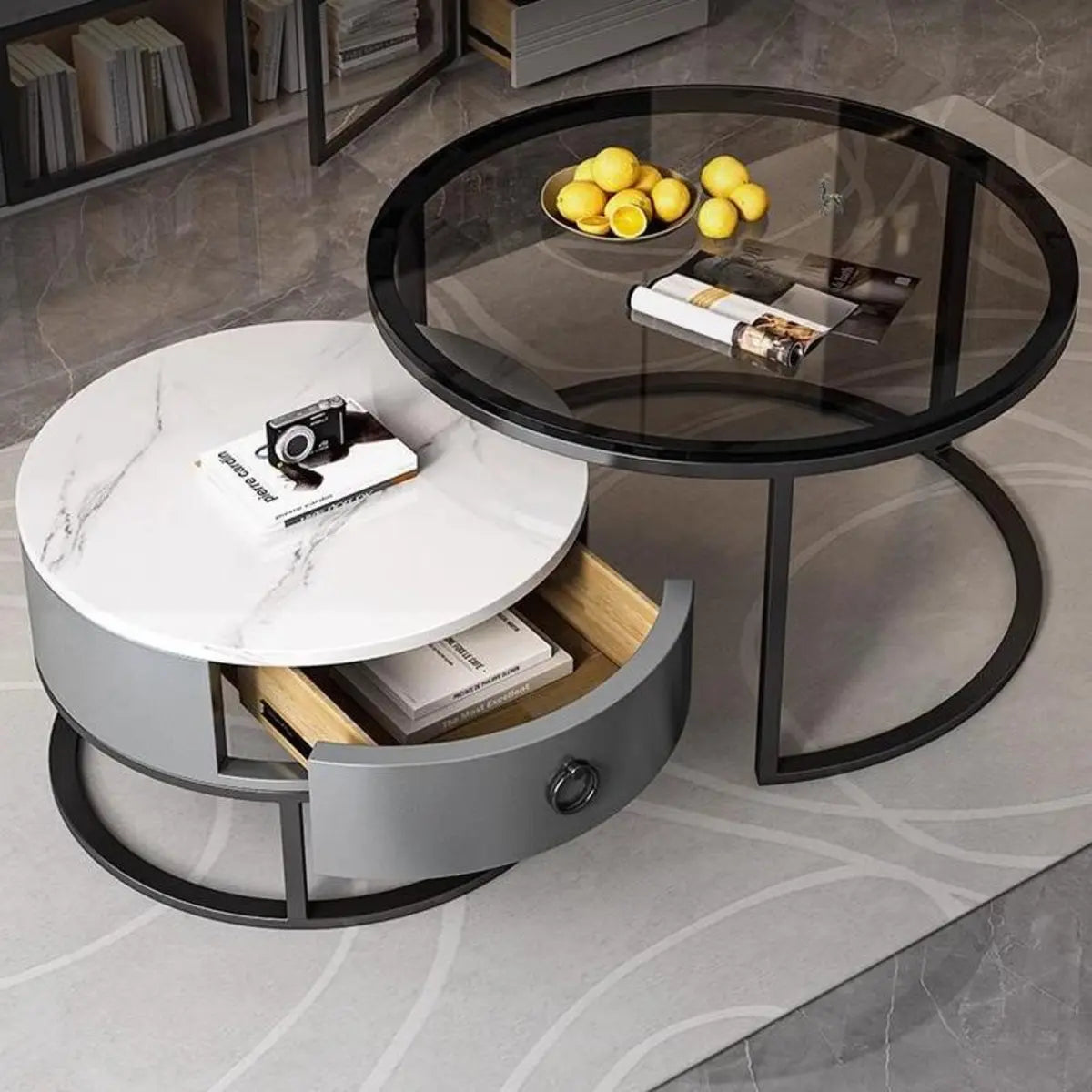 Glam Round Stone Drawers Frame Nesting Coffee Table Image - 17