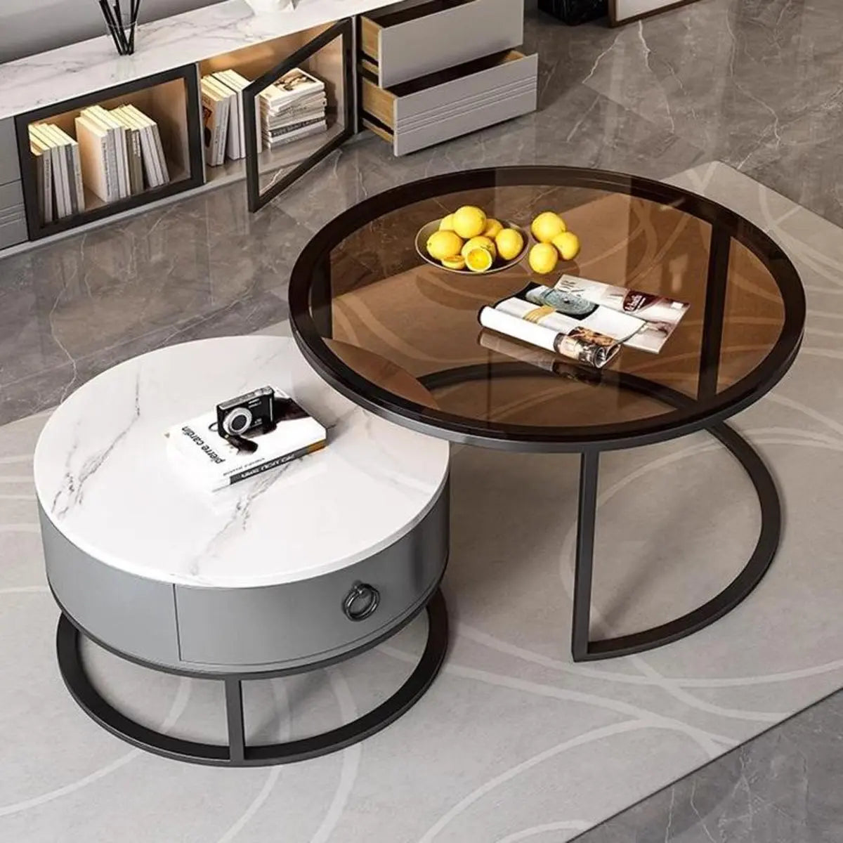 Glam Round Stone Drawers Frame Nesting Coffee Table Image - 4