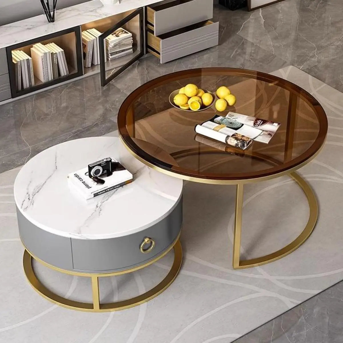 Glam Round Stone Drawers Frame Nesting Coffee Table Image - 5