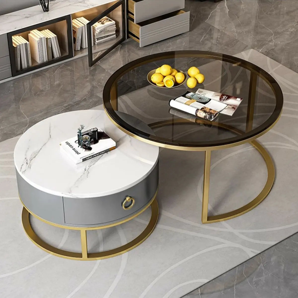 Glam Round Stone Drawers Frame Nesting Coffee Table Image - 7