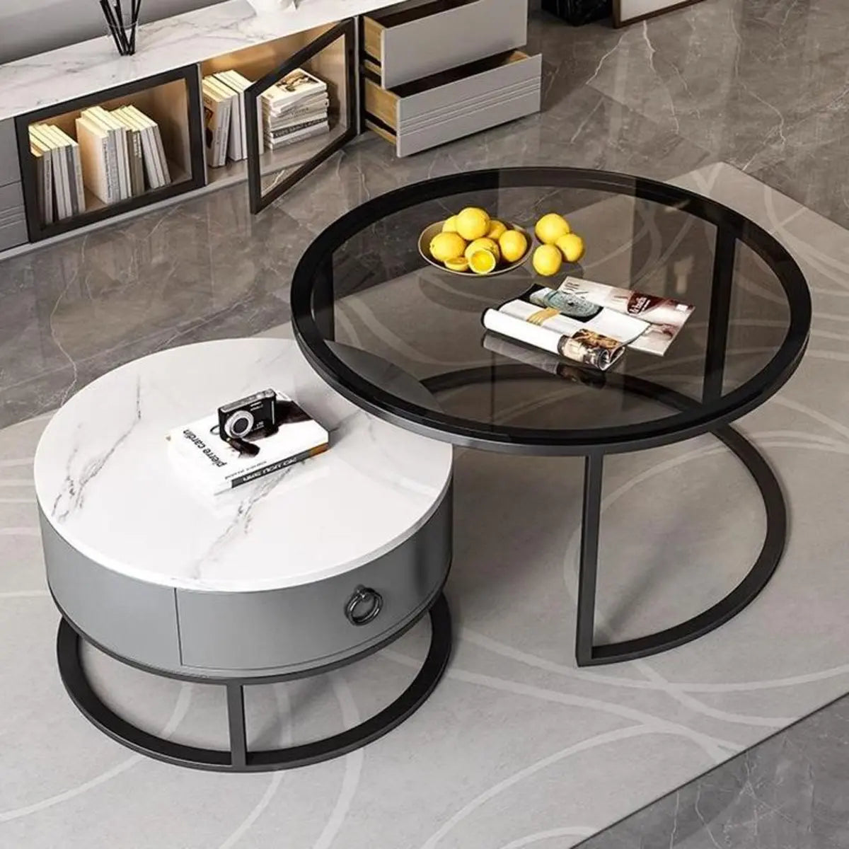 Glam Round Stone Drawers Frame Nesting Coffee Table Image - 8