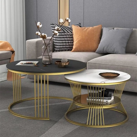 Glam Stone Round Shelf Iron Frame Nesting Coffee Table Image - 1