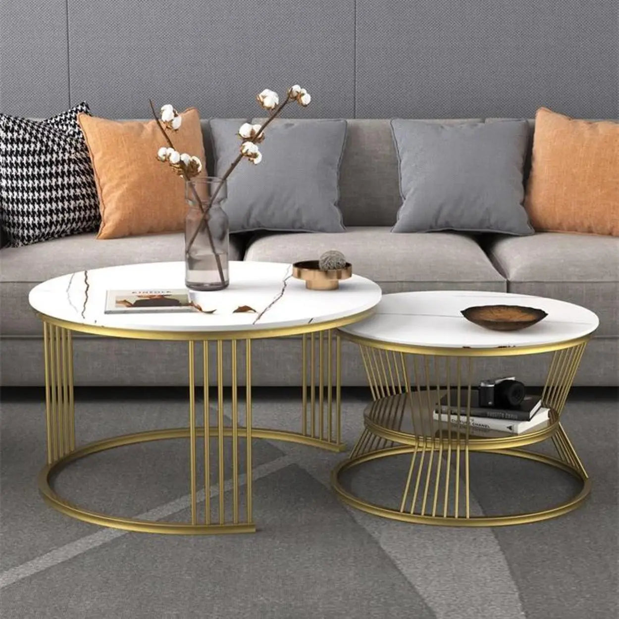 Glam Stone Round Shelf Iron Frame Nesting Coffee Table Image - 2