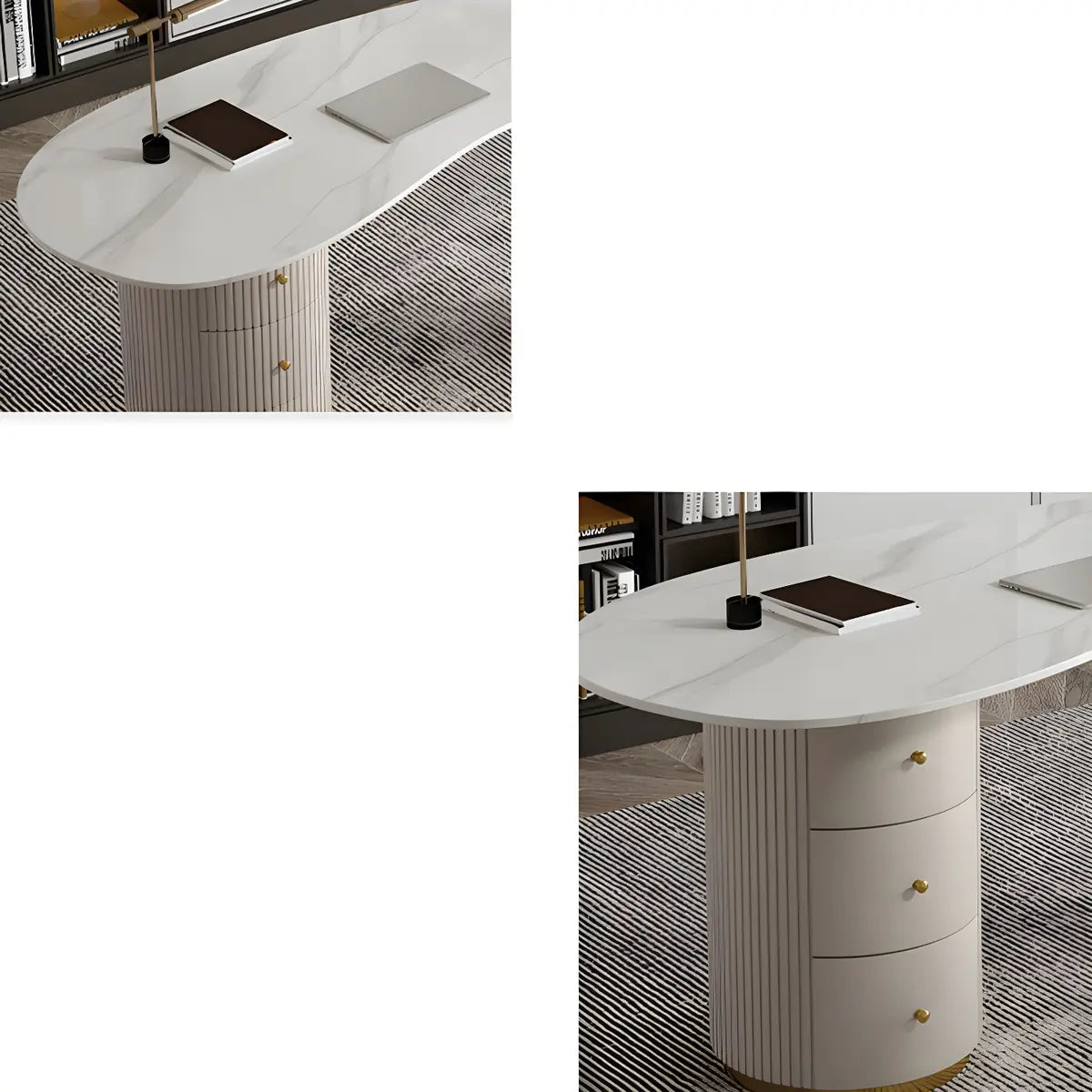 Glam Textured White Stone Free Form Drawer Writing Desk Image - 9