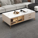 Glam White Gold Four Legs Cabinet Drawers Coffee Table Image - 2